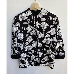 JM Collection Cardigan Black White Floral One Button V Neck Cotton Blend Size PM